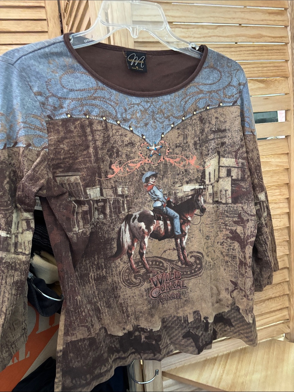 Katina Marie Brown and Blue Western Graphic Long Sleeve Tee Medium